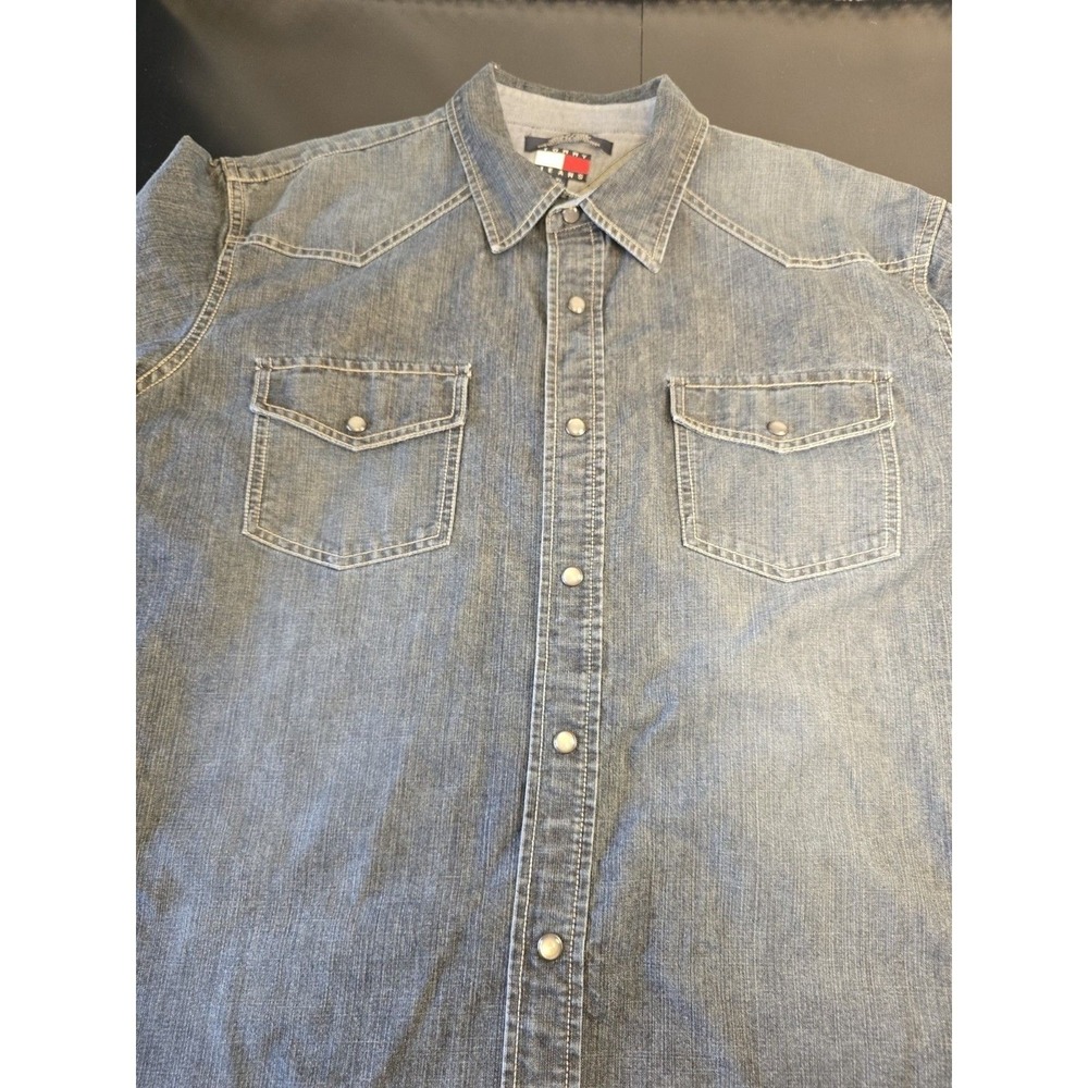Tommy Jeans Mens XL Western Denim Pearl Snap Shirt Eagle Graphic Vintage 90s